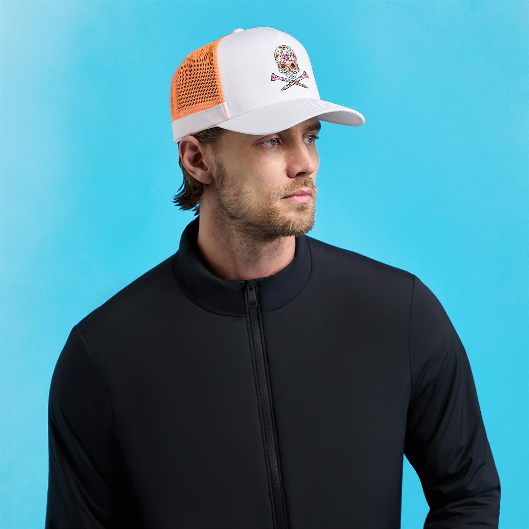 G/FORE Floral Skull Embroidery Trucker Cap Snow